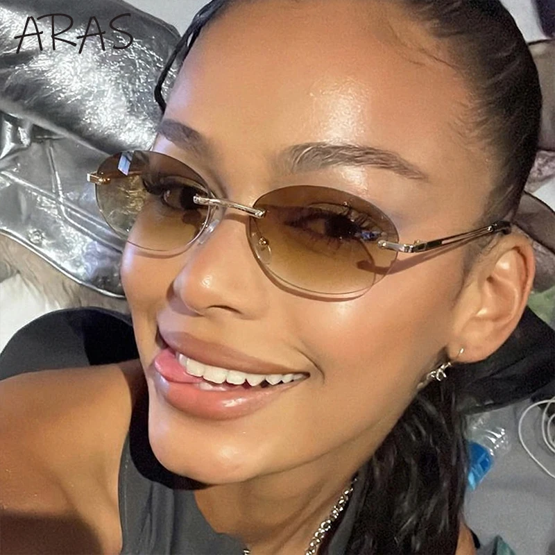 

90s Rimless Oval Sunglasses Women Vintage Y2K Punk Frameless Gradient Metal Frame Sun Glasses Retro Tinted Eyewear Sexy Shades