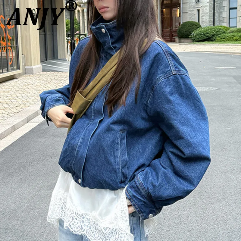 

ANJY, осенне-зимнее новое женское модное утепленное короткое джинсовое стеганое пальто с воротником-стойкой на молнии, потертые пуховики A16175