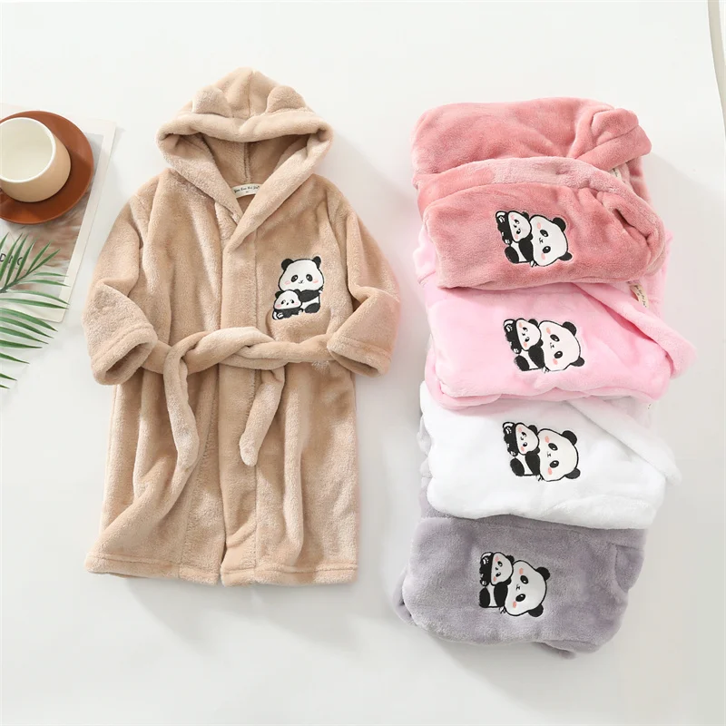 Boys Girls Flannel Bathrobe Children Autumn Thickened Hooded Pajamas Kids Winter Fleece Sleepwear Teenager Cartoon Clothes 2-12Y