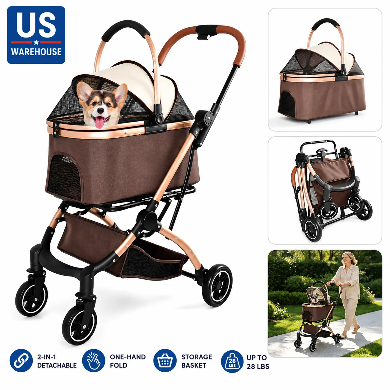 Pet Stroller for Dogs and Cats, 2-in-1 Detachable Foldable Pet Stroller with Detachable Carry Basket, One-Hand Quick Fold, 4 Wheels, Sun Canopy, Storage Basket, Shock-Absorbing Wheels, Up to 28 lbs, Khaki Gold