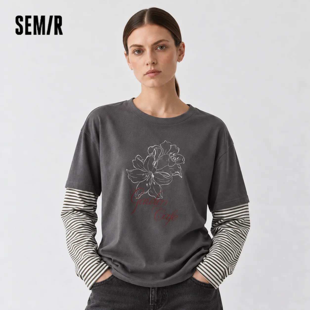 Semir Women Tshirt Long Sleeve Oversize Stripe Faux Two Piece Print Dropped Shoulder Street Casual Top Daily Wear 2026