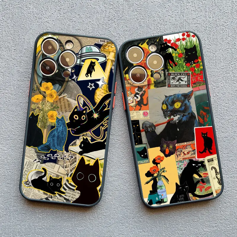 

Creative Naughty Black Cat Illustration Collage Phone Case For iPhone 13 12 Mini 11 Pro Max 15 16 14 Pro Max Plus XR X XS Covers