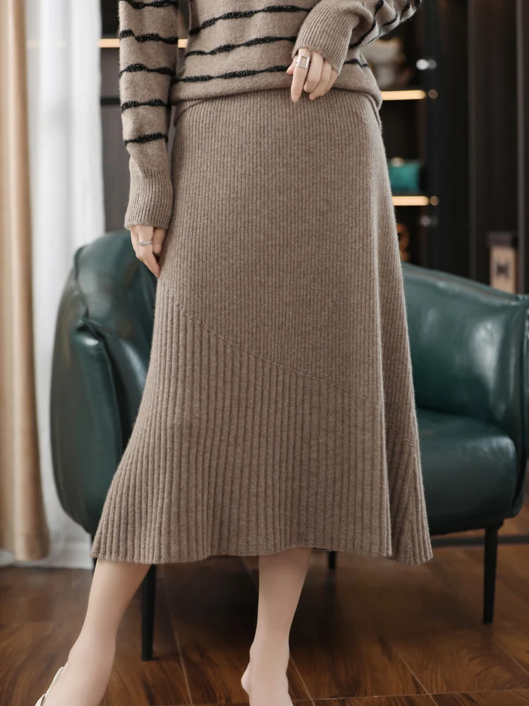 

Luxury Autumn Winter Women Skirts 100% Merino Wool Office Ladies Knitwear Solid Female Elegant Clothing Soft Cashmere Jerseys