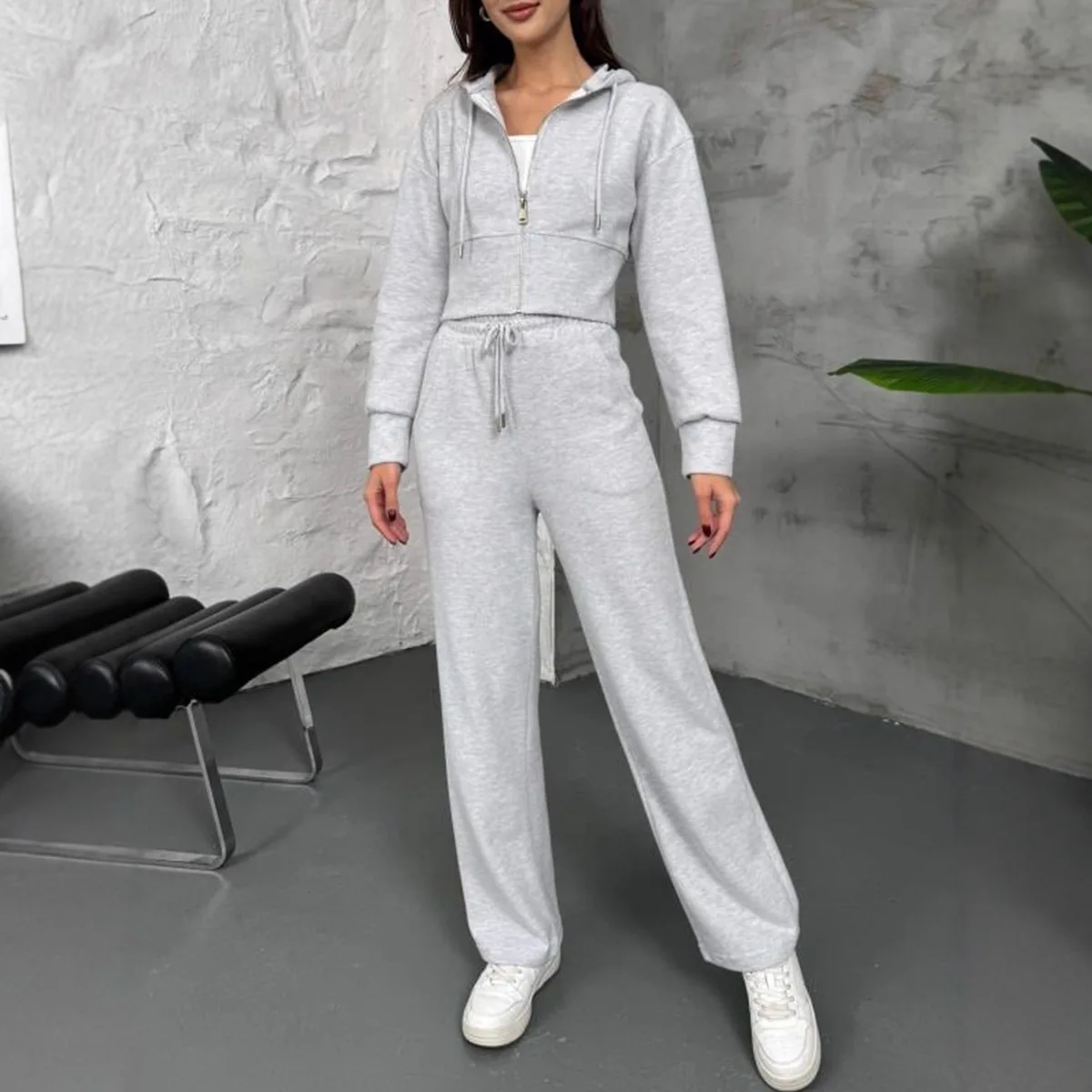 

2025 New Fashion Zipper Hooded Jacket + Wide Leg Pants Two-piece Sets Women Autumn Casual Loose Top And Trousers Suit For Women