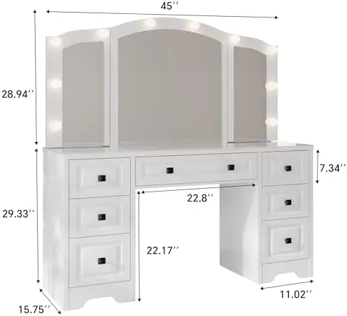 White Lighted Vanity Desk, Tri-Fold Mirror, 5 Drawers, Outlets | Retro Dressing Table with Lights, 5-Drawer Vanity Desk