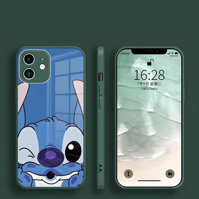 Disney Kawayi Lilo Stitch Phone Case For Iphone 15 14 13 Pro Max 12 11 Xr X Xs Mini 6 7 8 Plus Dark Night Green Glass