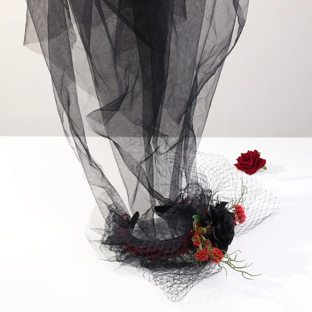Black Rose Flowers Handmade Lace Hairbands With Veil For Halloween Party Women Bridal Headbands Hair Accessories image 2