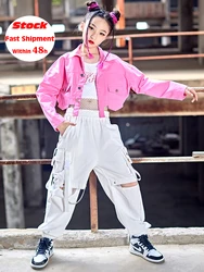 New Jazz Dance Costume Girls Hip Hop Clothing Pink Long Sleeved Coat White Vest Pants Modern Dance Performance Stage Wear BL9010