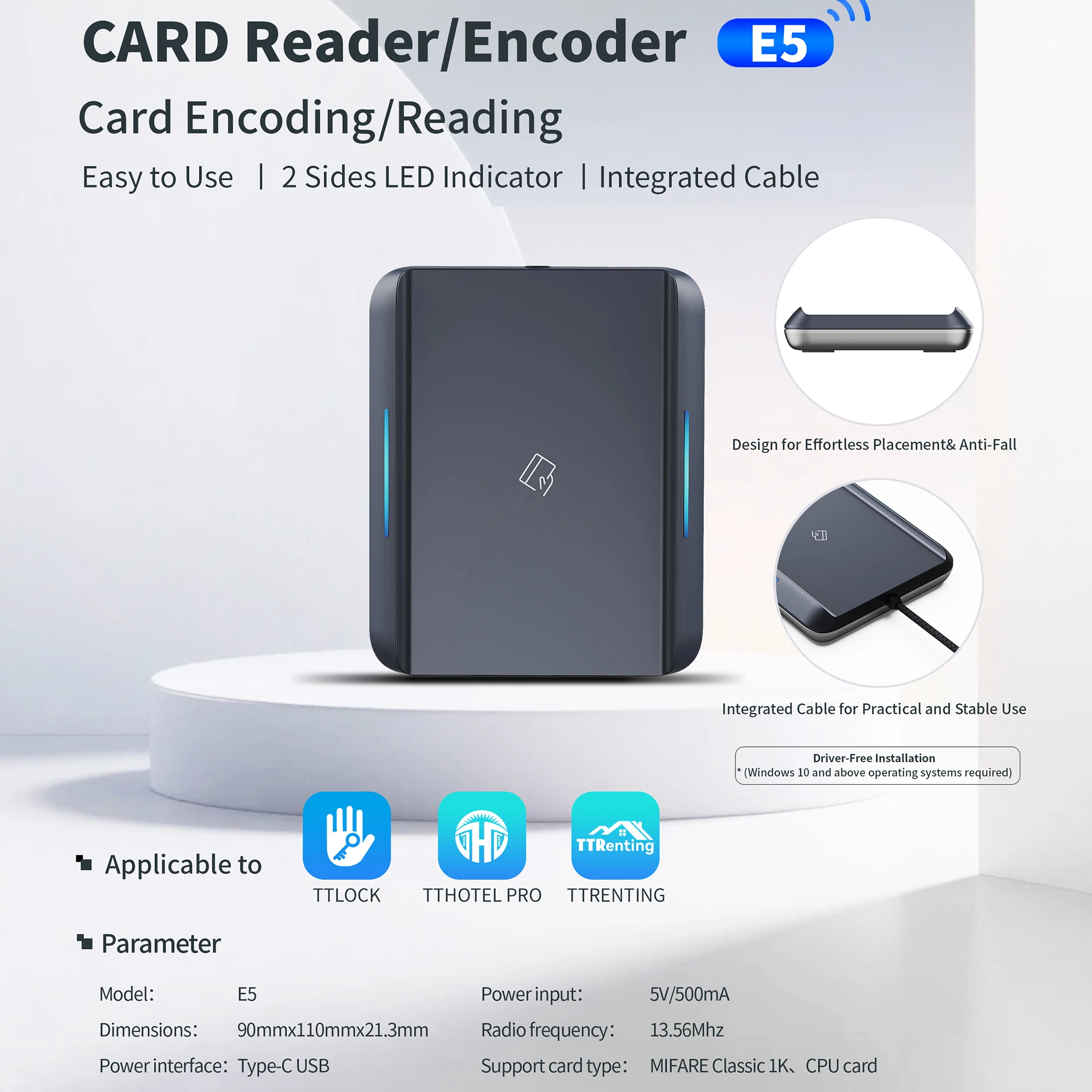 E5 Tthotel Card Encoder NFC 13.56M M1 USB Card Reader RFID Chip Scanner for TTHotel TTRenting System Software Hotel Apartment