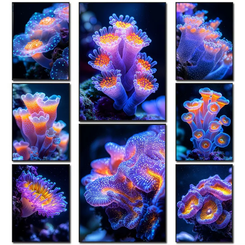 Undersea Creatures Coral Reef Close-up Bioluminescent Corals Mysterious Dreamy Nature Canvas Picture Wall Living Roomhome Decor