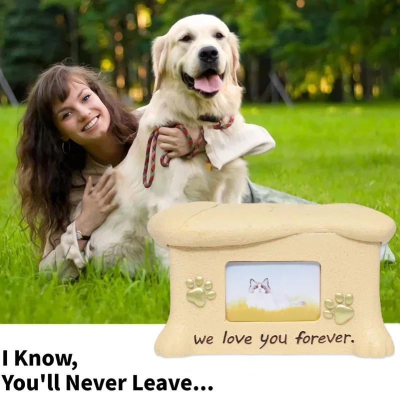 Resin Pet Urns Dogs Cats Cremation Urn Peaceful Memorial with Photo Frame Cremation Urns for Animal Ashes Funeral Pet Ashes Box