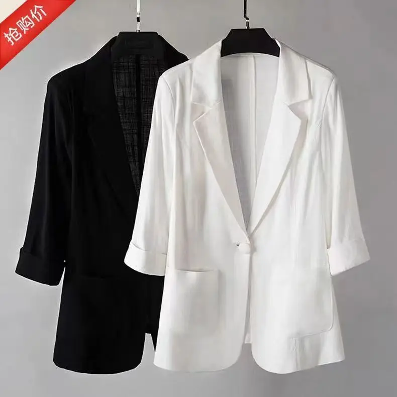 Linen Small Blazer For Women, Thin  Summer Suit, Korean Version, Sun Protection, Casual British Style, White And Black
