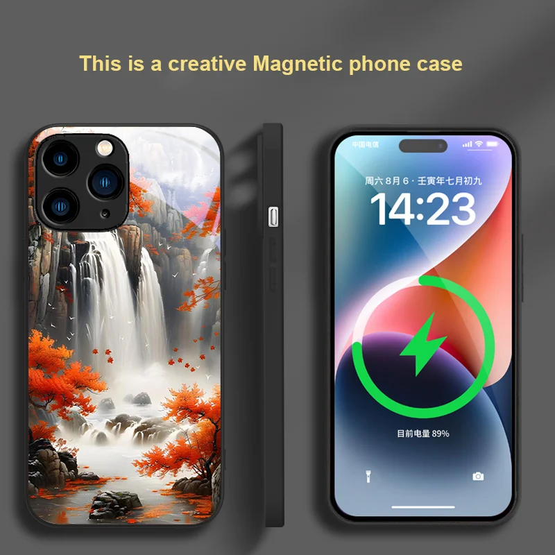

For iPhone 8 11 X XR 13 Mini Plus 16 e 15 12 XS 14 Pro MAX Magnetic Glass Phone Case Landscape Pattern Design Dust Cover