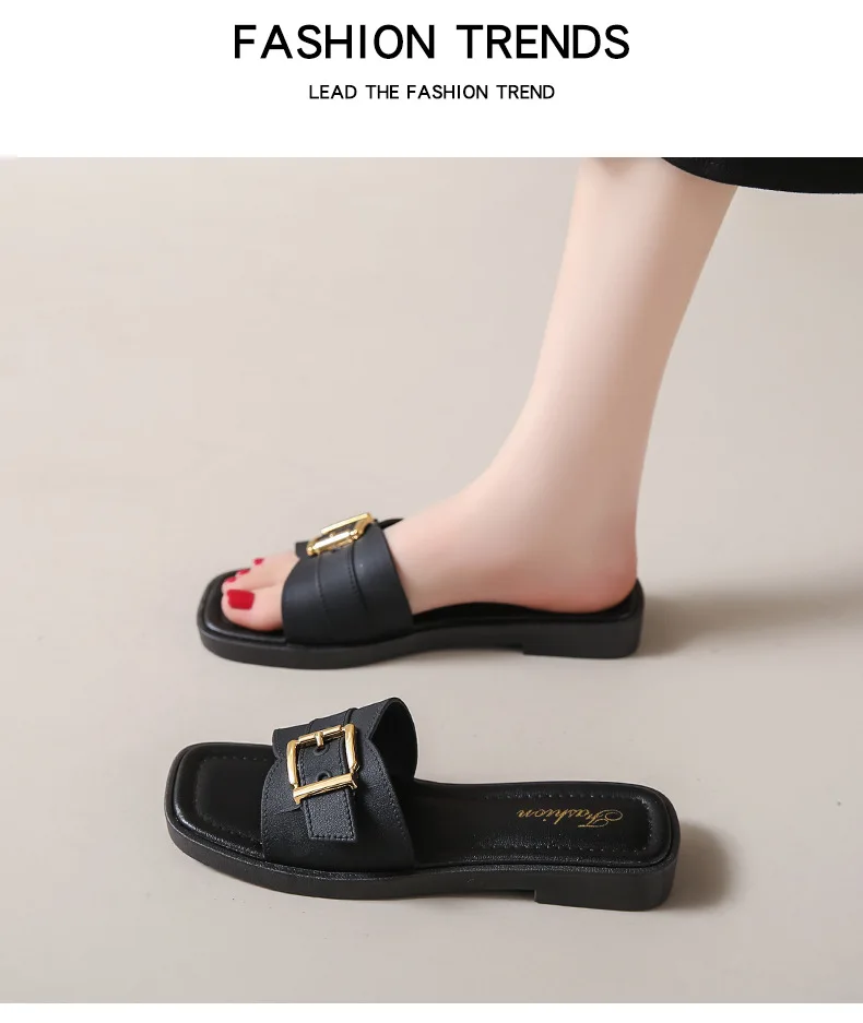 Frauen Flache Hausschuhe Sommer Leder Karree Frauen Wohnungen Flip-Flops Designer Damen Rutschen Sandalen Frauen Schuhe Luxus Sandalen – Detail 10