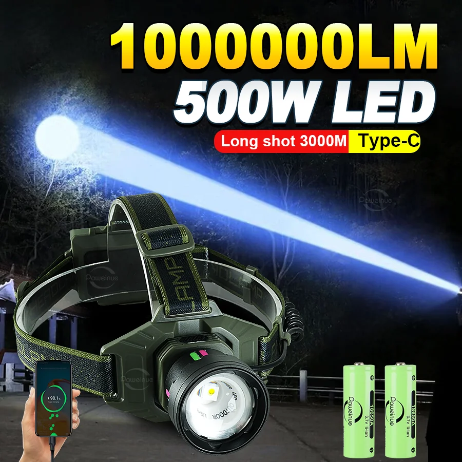 

1000000LM Strong Light LED Headlamp Rechargeable 18650 High Power Head Lamp Zoom 3000m With Fluorescent Hunting Head Flashlights