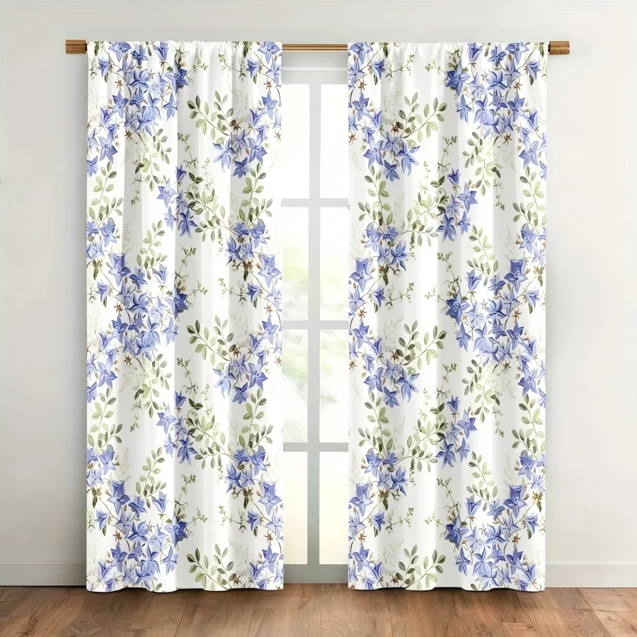 2PCS Digital Print  Curtain, Purple Star Flower Vines, Botanical Print Window Drape for Living Room Bedroom Home Decor