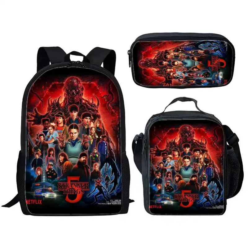 Stranger Things 5, Juego de 3 Piezas de Mochila Escolar con Lonchera Térmica, Bolso y Estuche para Lápices para Niños de Primaria y Jardín de Infancia