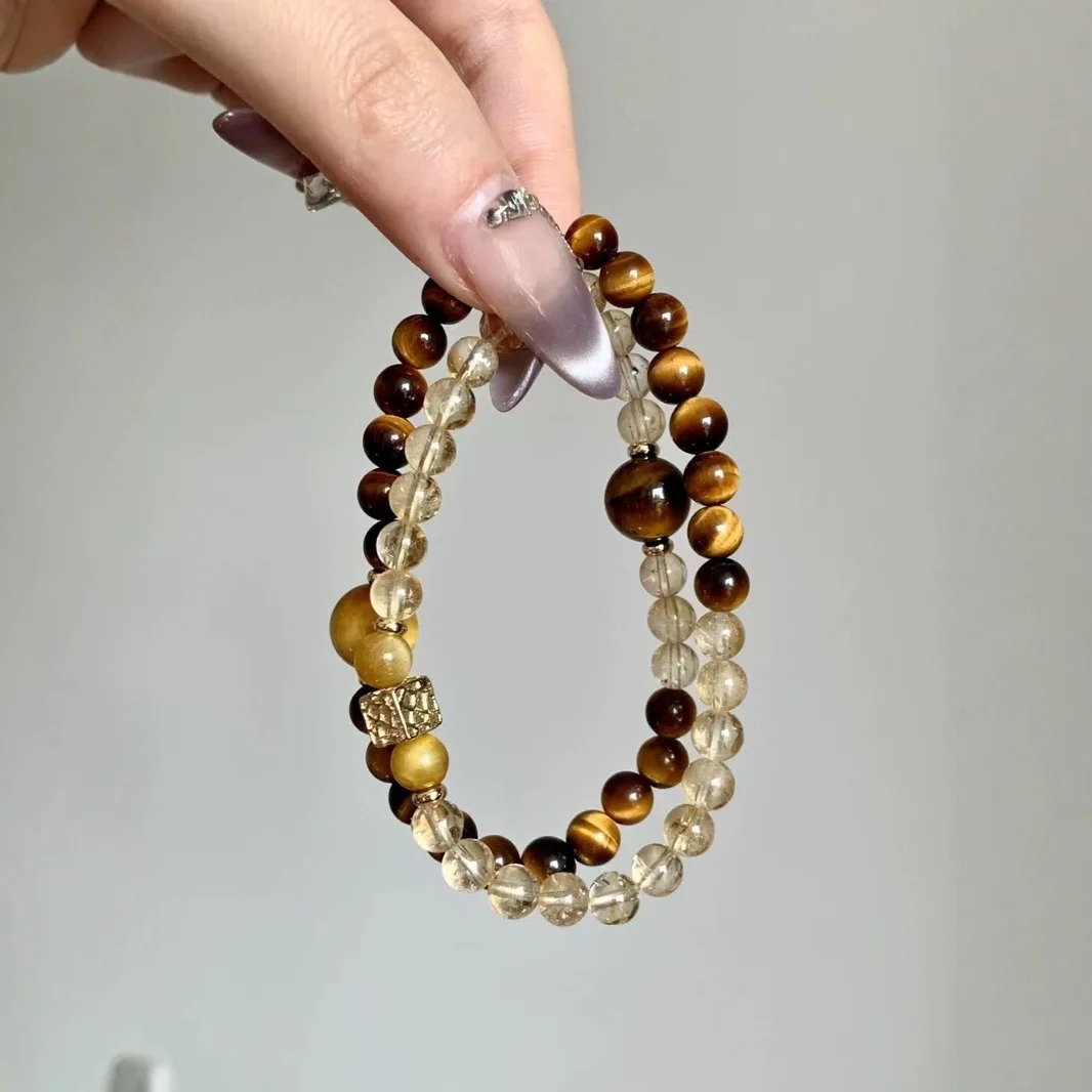 

Natural Yellow Tiger Eye Crystal Bracelet Women's Fashion Double Circle Bracelet Gift