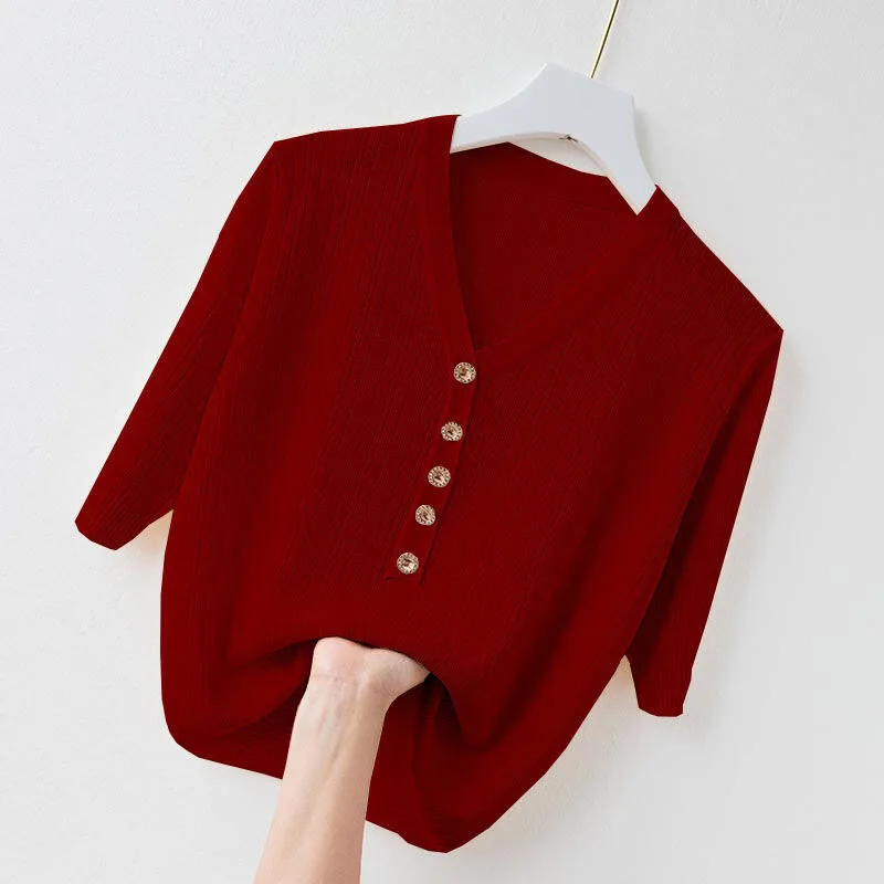 Women Clothing Fashion V-Neck Knitted Pullovers Spring Summer Exquisite Loose Knitwear Office Lady Casual Short Sleeve Top