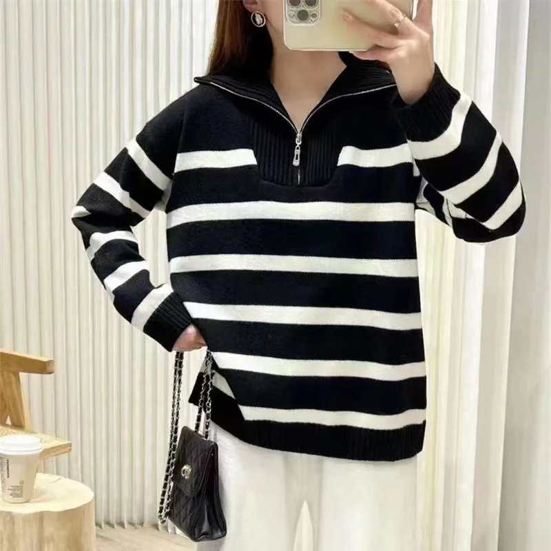 Women Pullovers Sweaters Striped Zipper Turn Down Collar Full Sleeve Loose Casual Jumpers Tops Splice Autumn Winter 2024