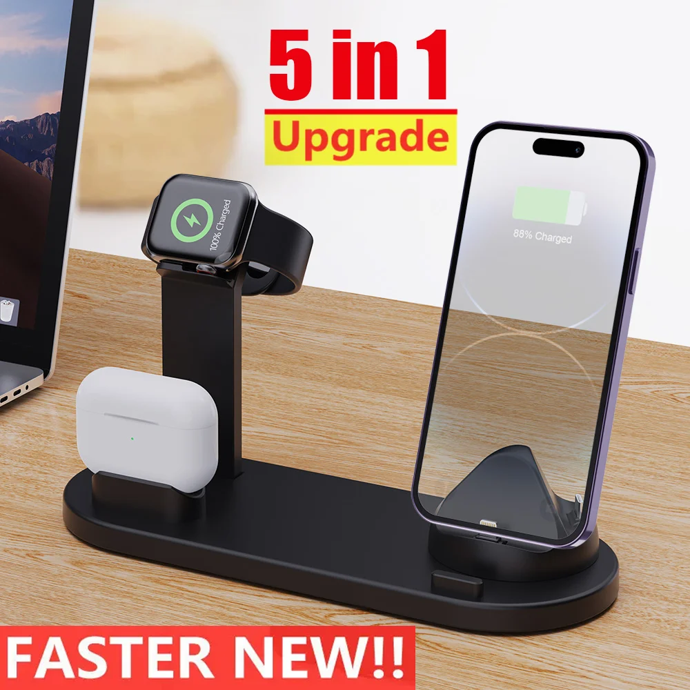 5 In 1 Wireless Charger Stand Pad for iPhone 15 14 13 12 11 X Apple Watch Airpods Desk Phone Chargers Fast Charging Dock Station