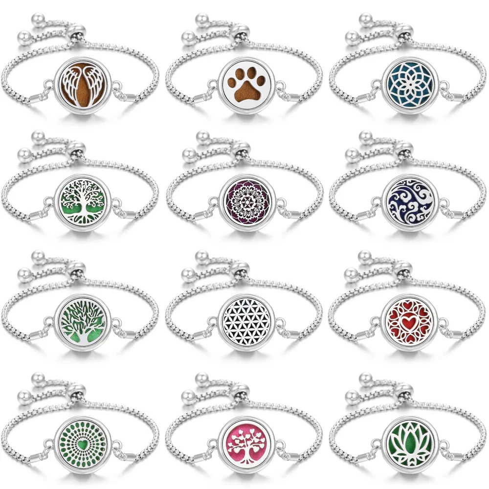 10pcs/lot Wholesale Aromatherapy Bracelet Tree of Life Diffuser Locket Adjustable Perfume Essential Oil Diffuser Bracelet Bangle