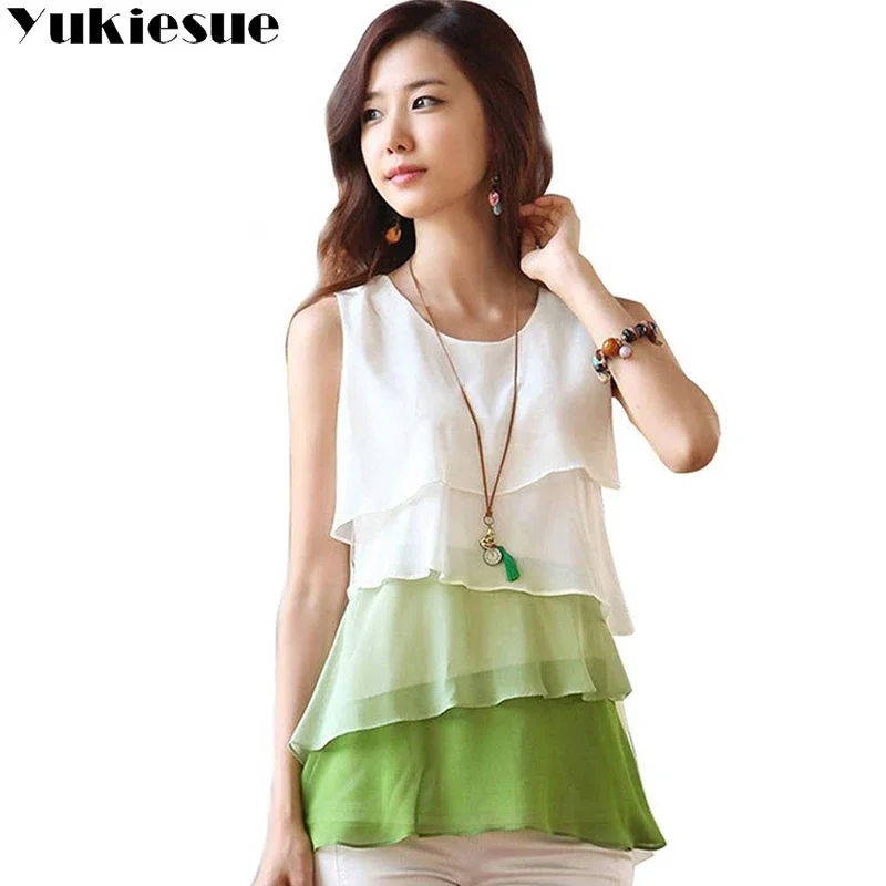 2022 Fashion New Multi-layer Shirts Women Tops Summer Blouse Vest Sleeveless Cheap Chiffon Shirt