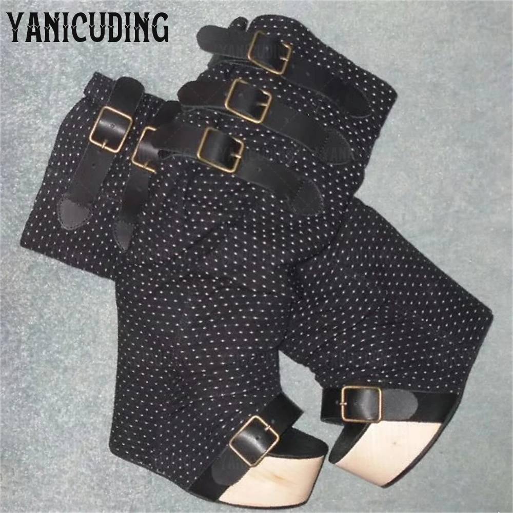 منصة إسفين صندل الأحذية جولة المفتوحة تو التوى حذاء برقبة للركبة أبيض وأسود البولكا نقطة حزام مشبك أحذية الصيف للنساء