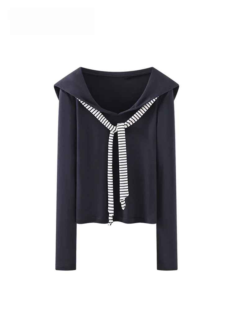 

plus Size Women's Long Sve T-irt Navy Collar Spring Faion College Sle Lazy Age-Defng Meat-Covering Top