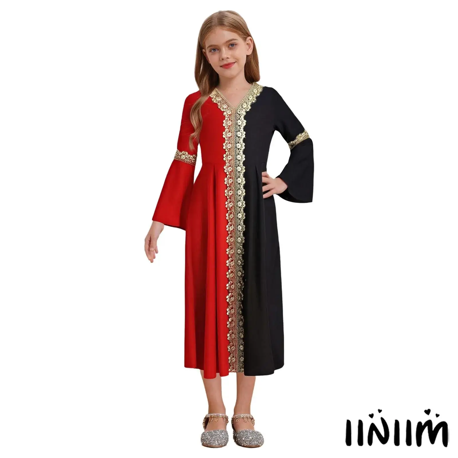 

Kids Girls Retro Party Abaya Princess Dress Comfortable V-Neck Gown with Flared Cuffs for Holidays And Festive Events Dress Up