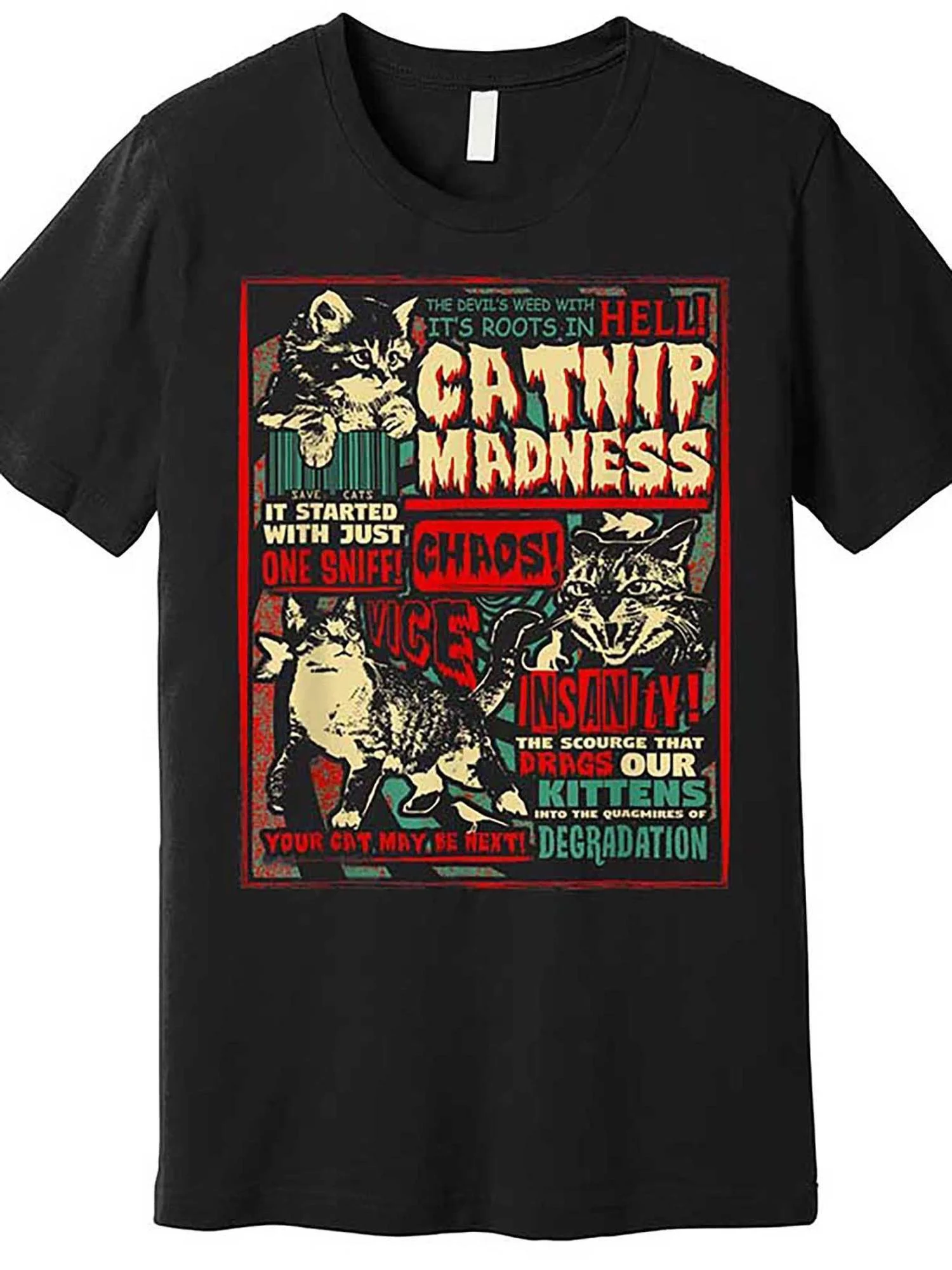 T-shirt graphique Pet Herb Madness pour les amoureux des chats, col rond noir, manches courtes, tricot de coton toutes saisons, coupe décontractée, pour animaux de compagnie
