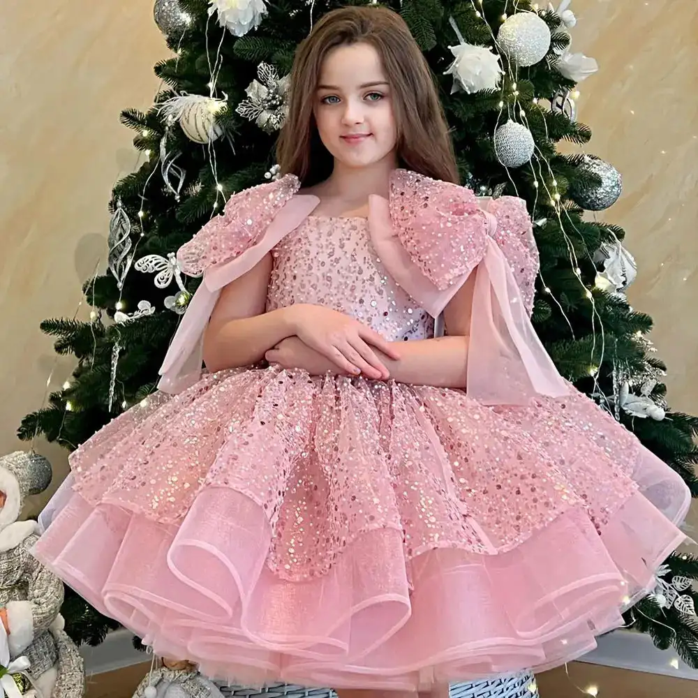 Fashion Sequins Bow Party Girls Dress Elegant Tulle Wedding Bridesmaids Princess Prom Dresses for Girl Birthday Evening Costumes