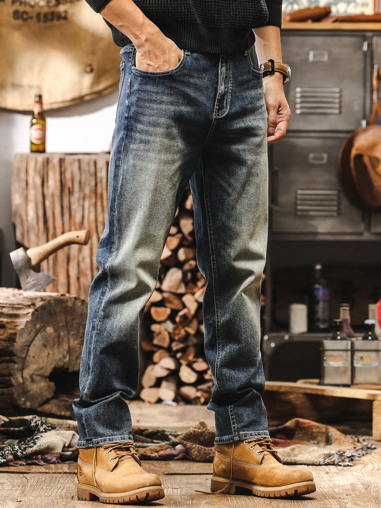 

Мужские джинсы American Sle с талией в стиле ретро, прямые брюки свободного покроя, повседневные брюки, модные брендовые осенние новые поступления, удобные хлопковые...