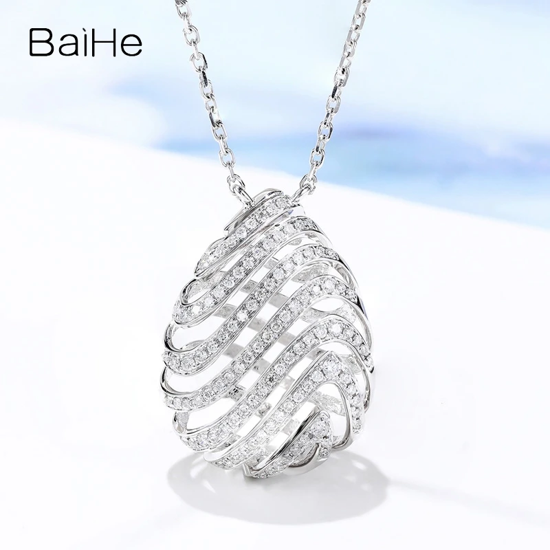 BAIHE Solid 18K White Gold H/SI Natural Diamond Pear Shaped Three dimensional Openwork Necklace Fine Jewelry Kaelakee Collar