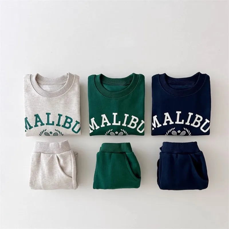 MiniAinis Autumn Winter Baby Printed Letter Tops + Leggings 2 Pieces Suit Girls Fleece Clothing Set Boys Thickened Clothes