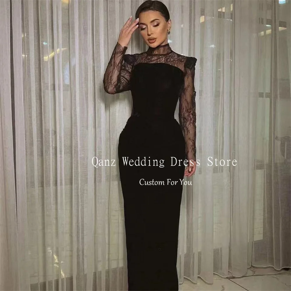 Qanz Sexy Customized Evening Dresses Mermaid Modest Black High Neck Full Sleeve Lace Prom Gowns Leg Slit Robe De Soiree Femmes