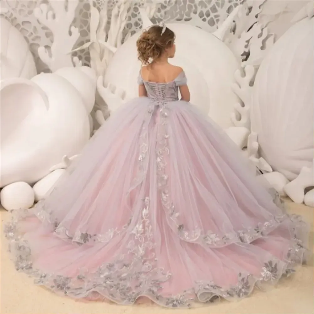 Elegance Off The Shoulder Fluffy Flower Girl Dress For Wedding Appliques Ruffles Toddler Pageant Dress Kids Birthday Gown