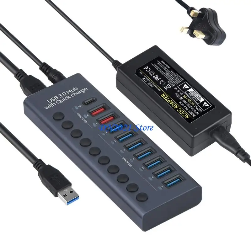 F3KE Aluminum USB C Hub Splitter,10 Port USB C Expander with On/Off Switch & Power Adapter 5Gbps High Speed Data Transfer