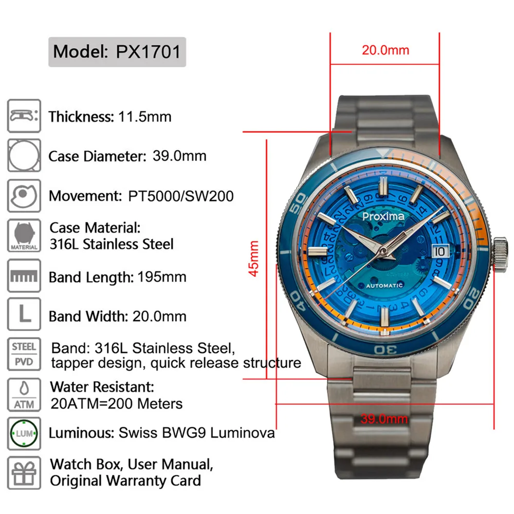 Px1701 39mm relógios masculinos de luxo vestido de negócios relógio para homem automático mecânico vidro safira data janela 200m à prova dwaterproof