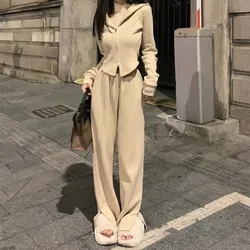 Korean Fashion Sports Hooded Hoodie Pants Two-piece Set Women Double Zipper Shirring Solid Casual Autumn Running Female Wear New