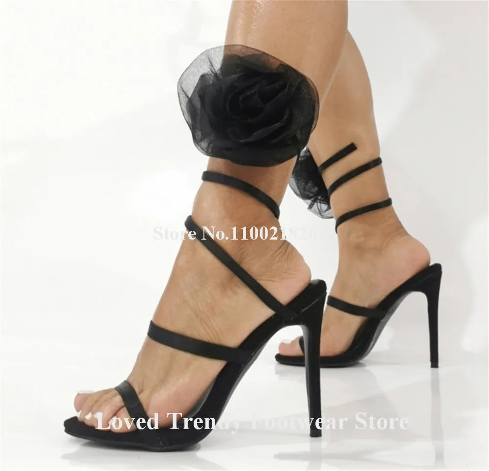 

Emeline Dubois Black Straps Cross Stiletto Heel Sandals Open Toe Flowers Decorated Thin Heel Party Heels Big Size Dance Shoes