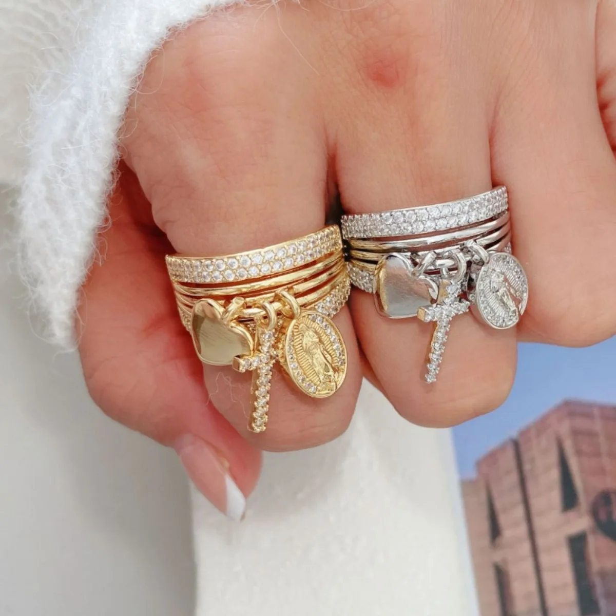 

5pcs, Cross Jesus Mary Pendant Charm Rings For Women Zircon Ring Stack Set Gold Color Religious Jewelry