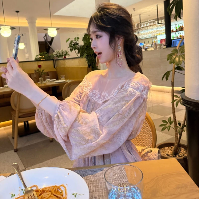 

Кружевная блузка с длинными рукавами и принтом Fairycore, лето 2021, модные шифоновые топы со шнуровкой на талии, корейские нежные рубашки