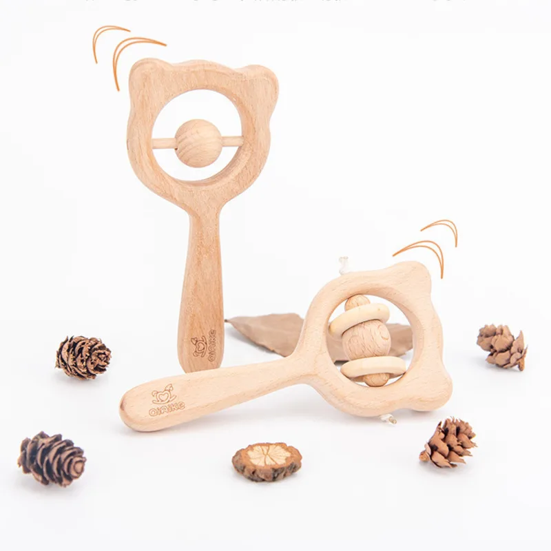 Baby Music Rattle Toys Natural Beech Wood Chew Play Gym Hand Grab Ability Training Montessori Educational Teether Newborn Gift