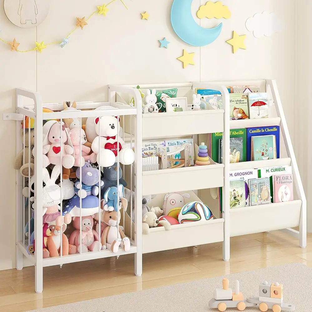 

B2 Kids Bookshelf And Toy Storage, 3 Tier Book Shelf For Kids Rooms, Sling Toddler Bookshelf With Stuffed Animal Storage,