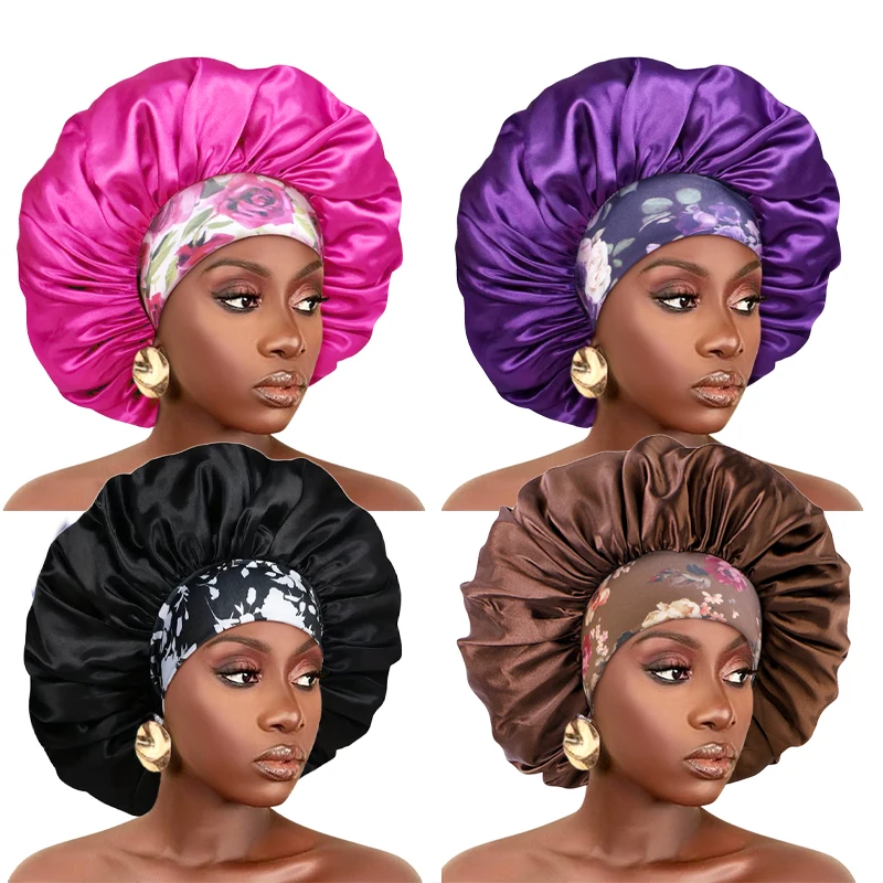 Vrouwen Extra Grote Zijdeachtige Satijnen Haarmuts Dik Haar Slaapmuts Elastische Band Beanie Afrikaanse Headwrap Bloem Tulband Chemo Caps