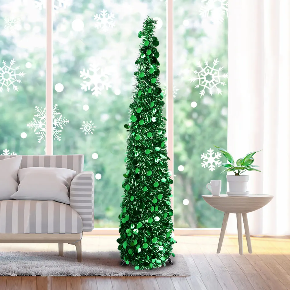 5ft Collapsible Christmas Tree Artificial Pop Up Green Tinsel Coastal Christmas Tree for Xmas Holiday Decorations