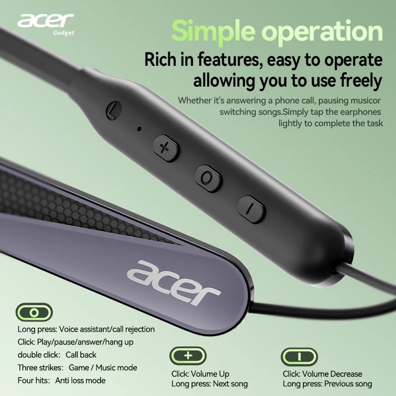 سماعة بلوتوث لاسلكية Acer Ohr561، مثبتة على الرقبة، مخصصة للرياضة والجري وركوب الدراجات، ميكروفون مدمج عالي الوضوح، تقليل ضوضاء المكالمات، جودة صوت Hifi عالية الوضوح، عمر بطارية طويل للغاية #5