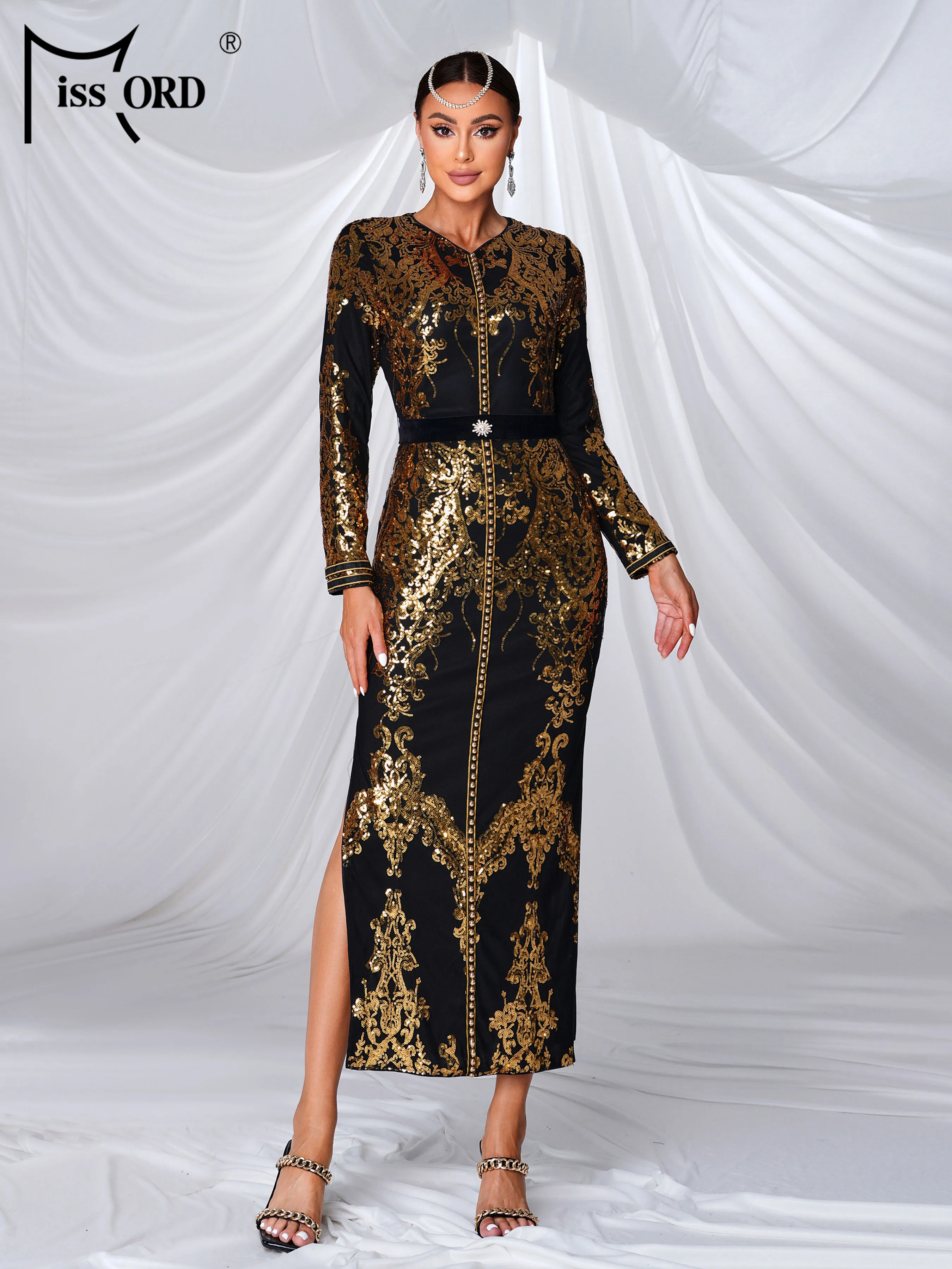 Missord New Church Dress Long Sleeved Sequin Elegant Evening Gown Wedding Birthday Party Beautiful Formal Occasion Dresses