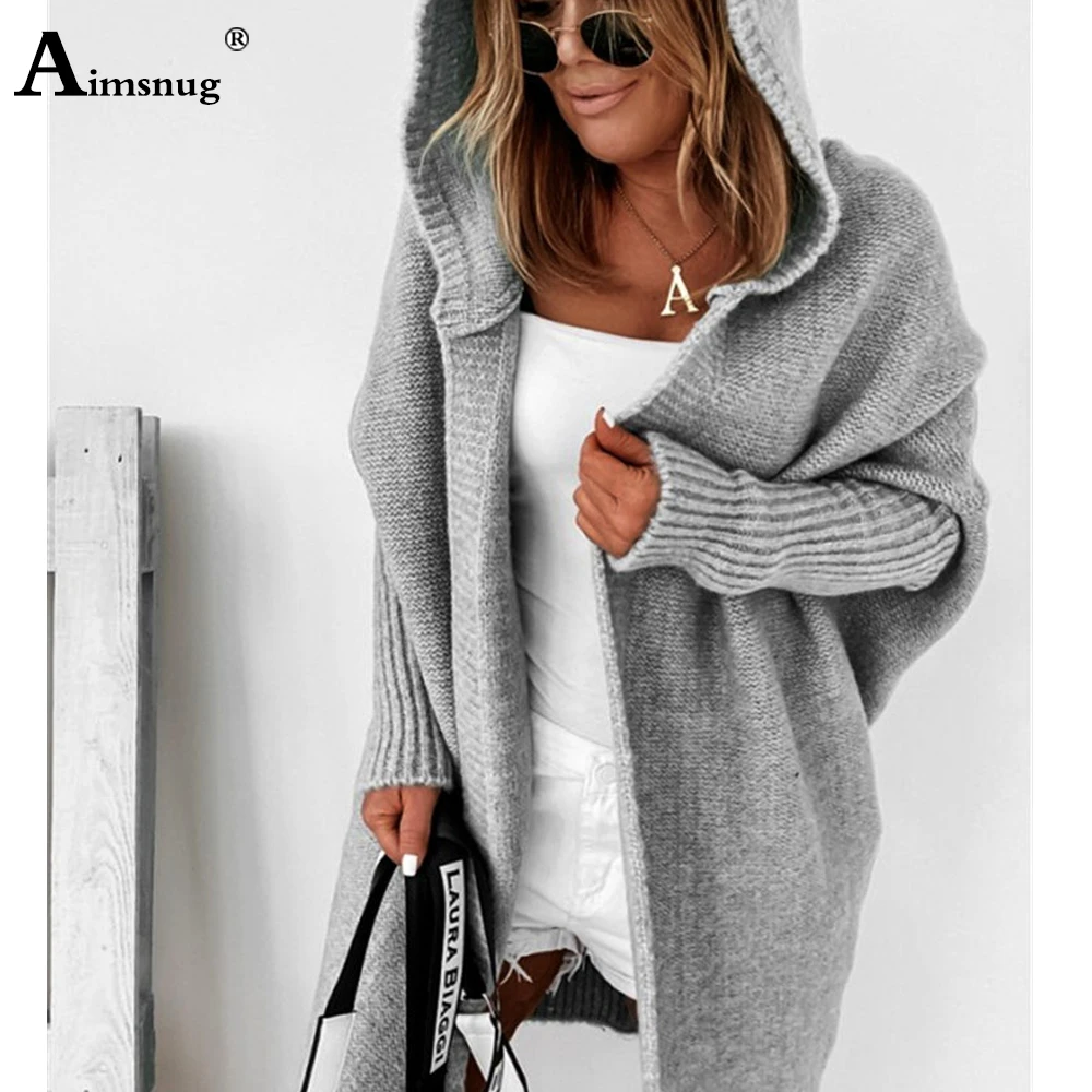 

Aimsnug Women Hooded Sweaters 2022 New Fashion Pockets Design Tops Outerwear Loose Knitted Plush Coats Female Long Cardigans